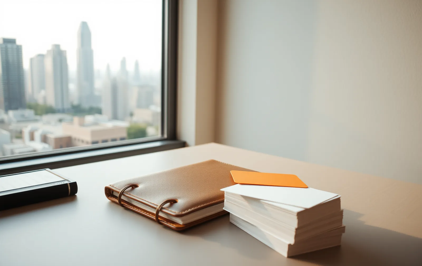 A leather planner and a stack of business cards on a desk above a city skyline.